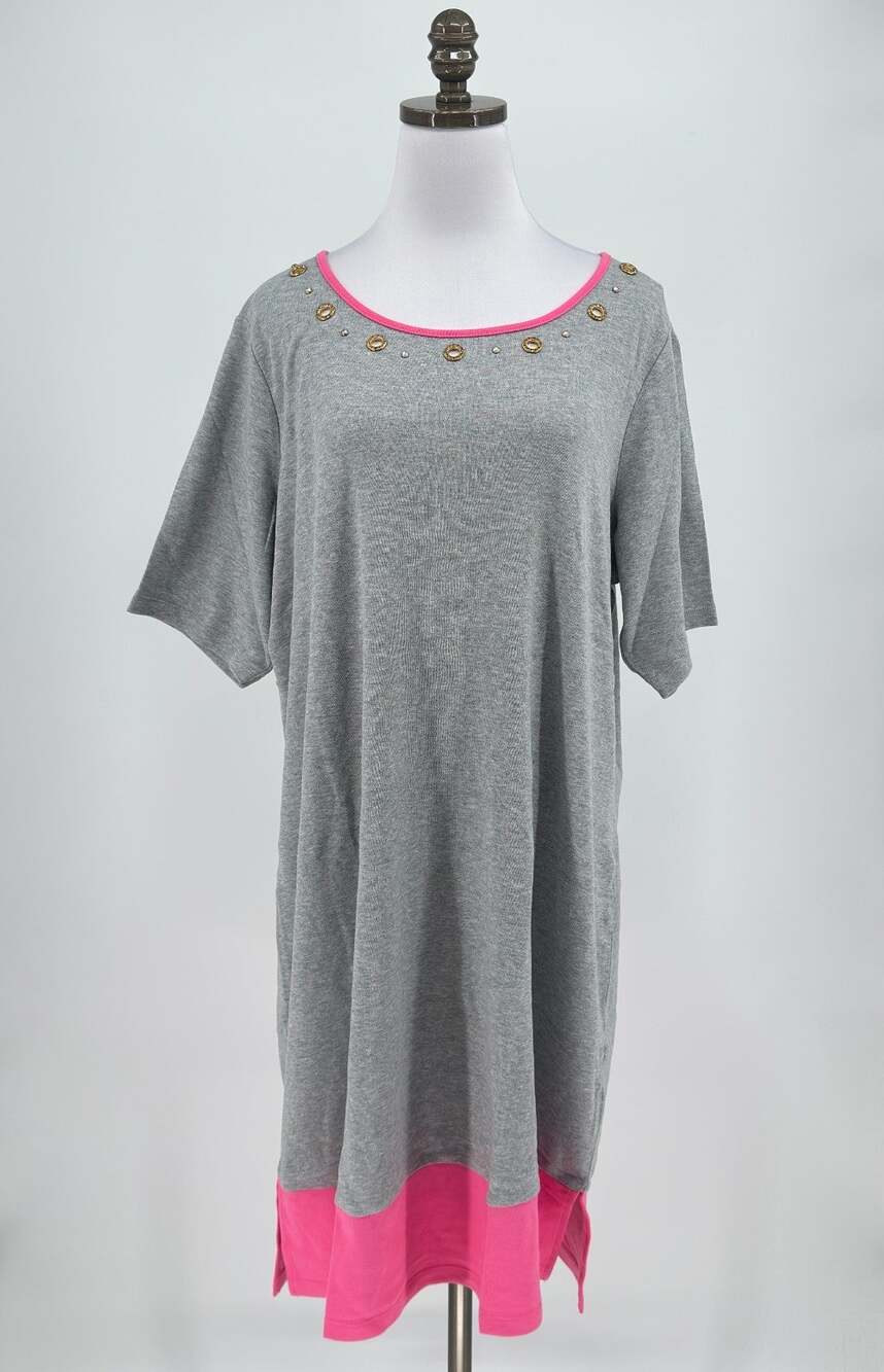 Quacker Factory Gray Knit Pink Trim Short Sleeve Shift Dress Sz 1X NEW